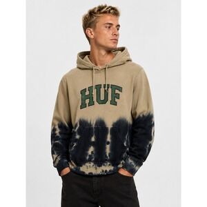 HUF Tie Dye Logo Hoodie Tan Black Streetwear Pullover Sweatshirt Size L